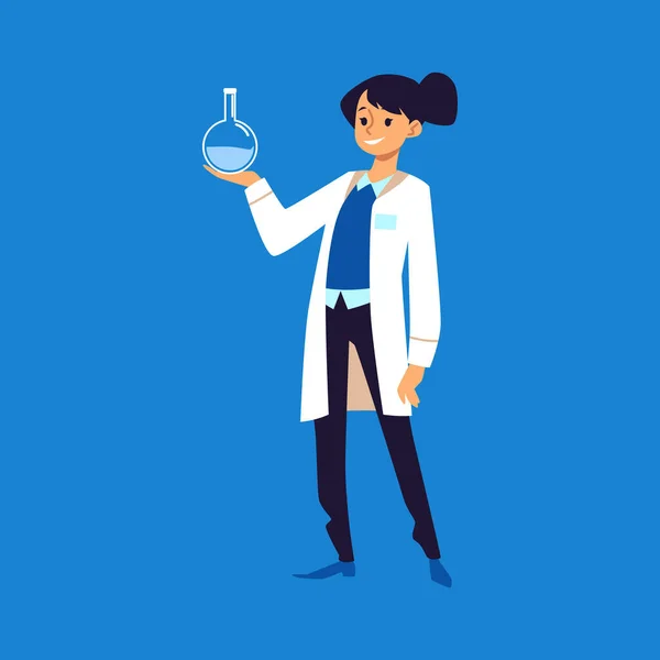Επιστήμονας γυναίκα που κατέχουν χημικά γυάλινα σκεύη, διανυσματική απεικόνιση απομονωμένη. — Διανυσματικό Αρχείο