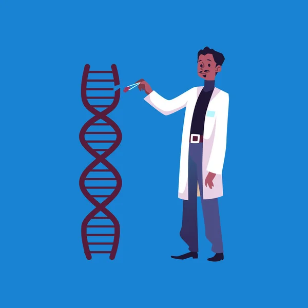 Αρσενικός επιστήμονας χτίσει την έλικα DNA, έννοια της γενετικής και βιοϊατρικής μηχανικής, απομονωμένη επίπεδη διανυσματική απεικόνιση. — Διανυσματικό Αρχείο