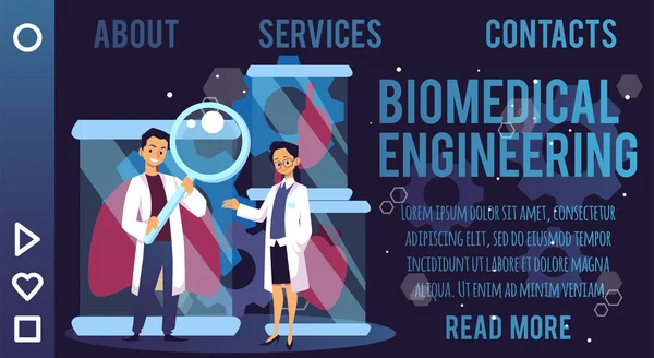Biomedical engineering website banner layout, cartoon flat vector illustration. — Stock Vector