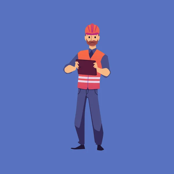 Hombre trabajador de la industria en el casco sostiene tableta, ilustración plana aislada vector. — Archivo Imágenes Vectoriales