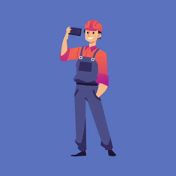 Empleado inteligente de la industria usando teléfono, ilustración de vector plano aislado. — Vector de stock