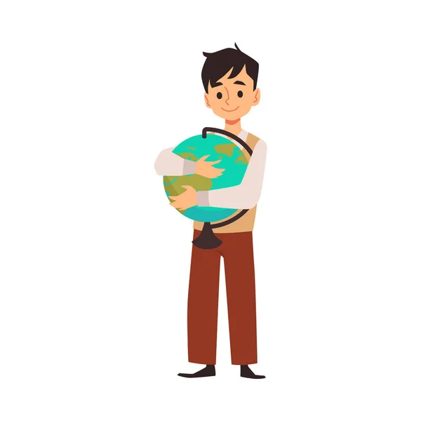 Cute child boy hugs the globe, flat vector illustration isolated on white background. — Stock Vector