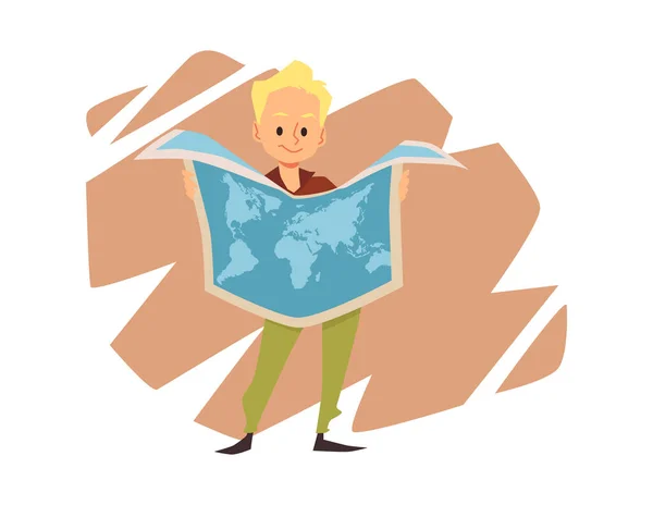 School boy holds geographical map, concept of education - flat vector illustration isolated on white background. — Stock Vector