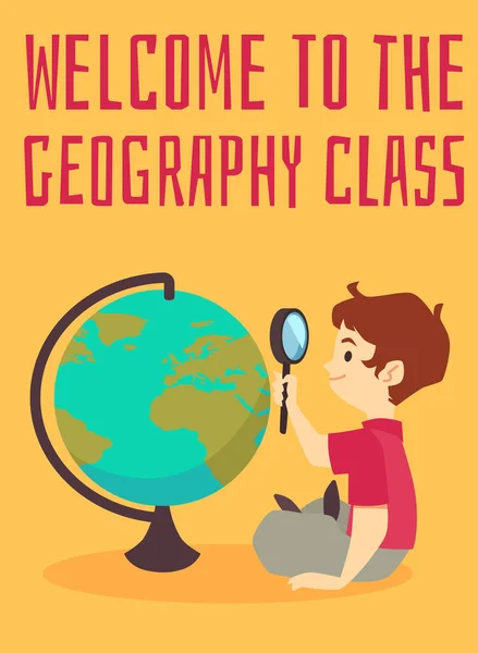 Geografie klasse gastvrije poster, jongen kijkt naar de wereld met vergrootglas, platte vector illustratie. — Stockvector