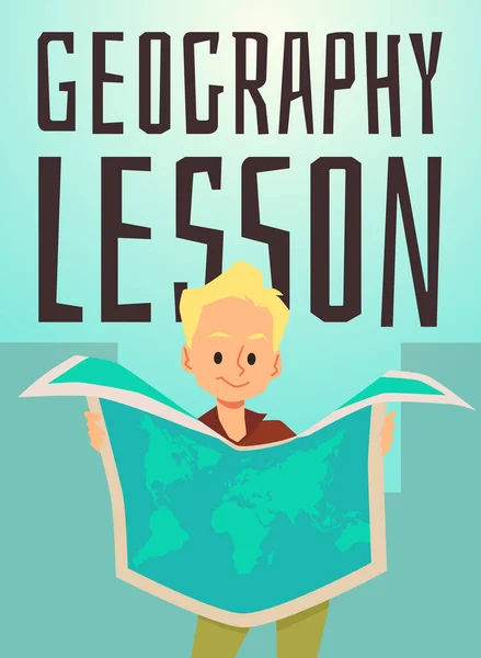 Шкільний хлопчик тримає карту світу, шаблон плаката географічного класу плоска Векторна ілюстрація . — стоковий вектор