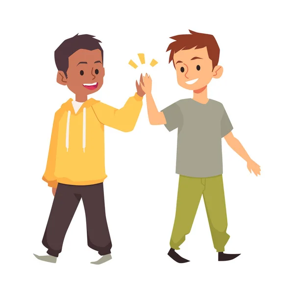Pojkar ger varandra hög fem som symbol för vänskap, platt vektor illustration isolerad på vit bakgrund. — Stock vektor