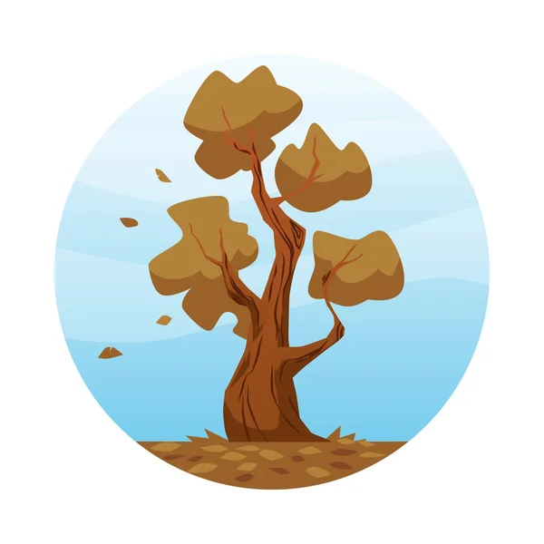 둥근 틀에 있는 가을 갈색 나무, 만화 벡터 삽화. 녹슨 오크 나무로 뒤덮인 가을 계절 풍경. — 스톡 벡터
