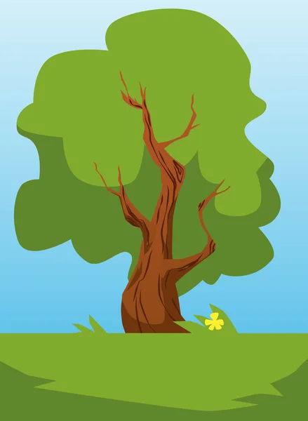 Árbol verde en el parque ilustración vectorial de dibujos animados. Árbol de roble tronco viejo con hoja verde y paisaje de temporada de verano. — Vector de stock