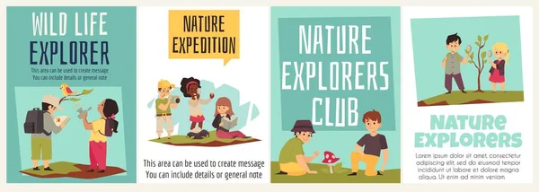 Barnens upptäcktsresande klubb i naturen på expedition i platt vektor illustration — Stock vektor