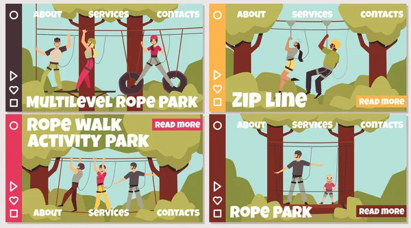 Touw park attractie reclame webbanners set, platte vector illustratie. — Stockvector