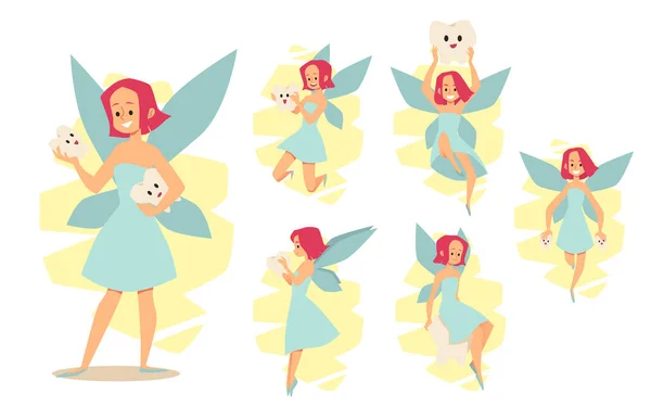 Conjunto de personajes femeninos de dibujos animados de hadas de dientes en diferentes poses en plano — Vector de stock