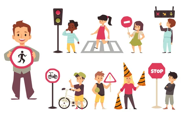 Trafik kuralları ve yol işaretleri üzerinde çalışan sevimli çocuklar, beyaz arka planda izole edilmiş düz vektör illüstrasyonu. — Stok Vektör