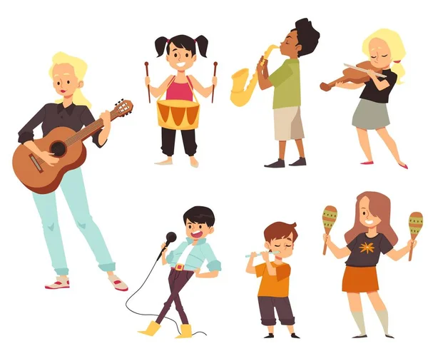 Clase de música o lección con niños e instrumentos de juego para maestros, ilustración vectorial plana aislada sobre fondo blanco. — Archivo Imágenes Vectoriales