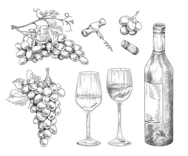 Colección bodega con utensilios y dibujo de uva ilustración vectorial aislado. — Vector de stock