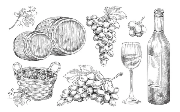 Hand drawn winery elements set, engraving style vector illustration isolated. — Stock Vector