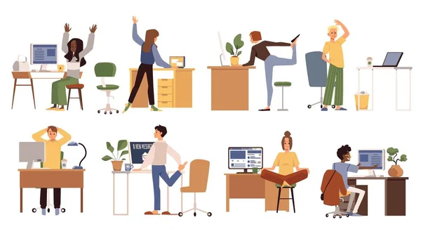 Employés de bureau faisant du sport sur le lieu de travail, illustration vectorielle plate isolée. — Image vectorielle
