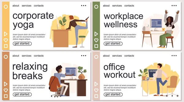 Conjunto de plantillas para banners web con empleados haciendo deporte o yoga en la oficina — Archivo Imágenes Vectoriales