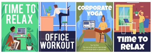 Séance d'entraînement sportif et affiches de yoga d'entreprise, illustration vectorielle plate. — Image vectorielle