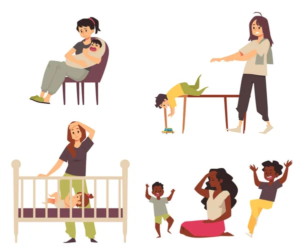 Cansado mãe exausta não pode lidar com crianças, ilustração vetorial plana isolado. —  Vetores de Stock