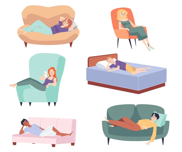 La gente perezosa se relaja en el sofá, sofá y cama — Archivo Imágenes Vectoriales