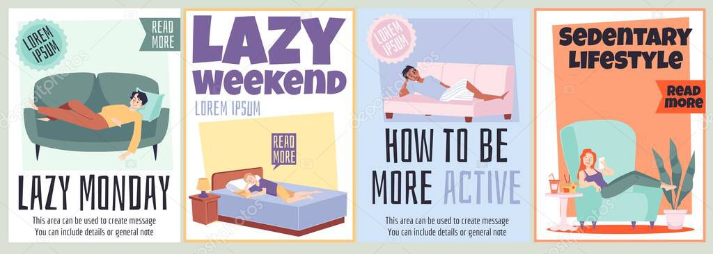 Set of posters with lazy people laying on sofa or bed, reading book and eating - flat vector illustration.