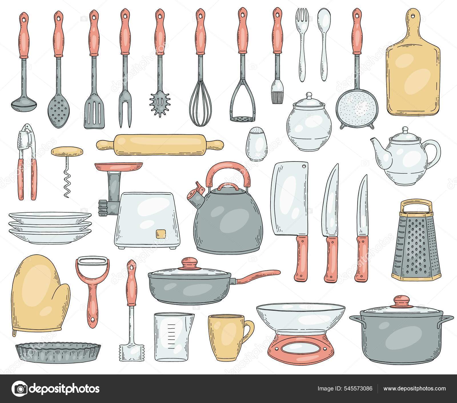 Utensils Kitchen Cooking Metal Chef Equipment Sketch Style Collection  Frying Pan And Saucepan Knife And Fork Spoon And Bowl Hand Drawn Home And  Restaurant Kitchenware Vector Isolated Set Stock Illustration - Download