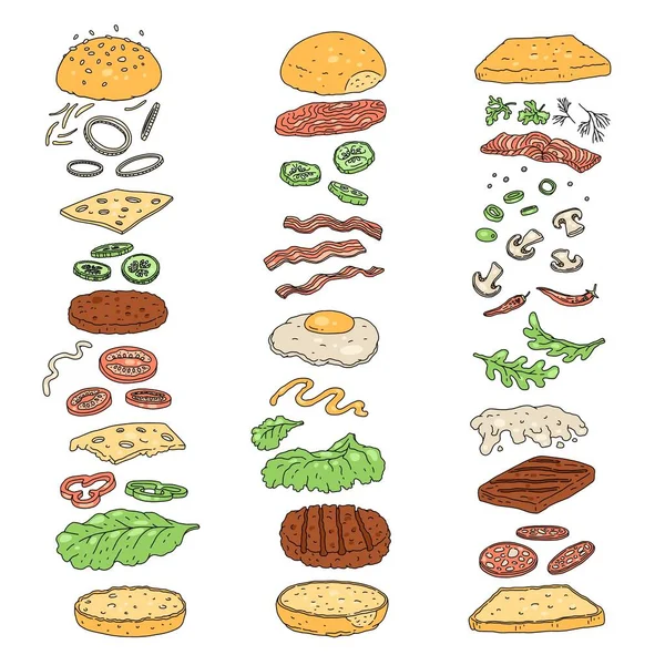 ハンバーガーとサンドイッチの成分コンストラクタ。チーズバーガーやサンドイッチの部品や成分スライス層. — ストックベクタ