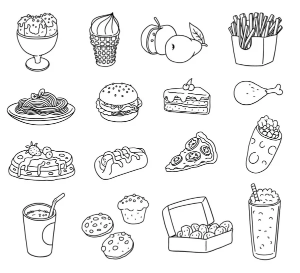 Icônes Fast Food mis dans le style doodle contour, illustration vectorielle isolé sur fond blanc. — Image vectorielle