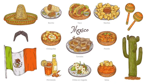 Cultura e cozinha mexicana símbolos esboço cor vetor ilustração isolado. — Vetor de Stock