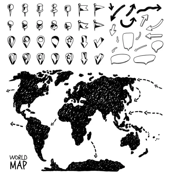 Conjunto de marcadores de designación de mapa y ubicación mundial, ilustración de vectores de garabatos dibujados a mano sobre fondo blanco. — Vector de stock