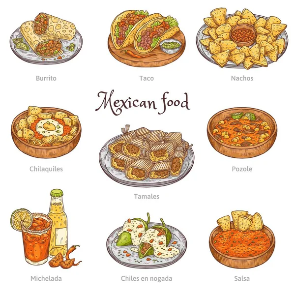 Comida tradicional mexicana en estilo boceto dibujado a mano, ilustración vectorial aislada sobre fondo blanco. — Vector de stock