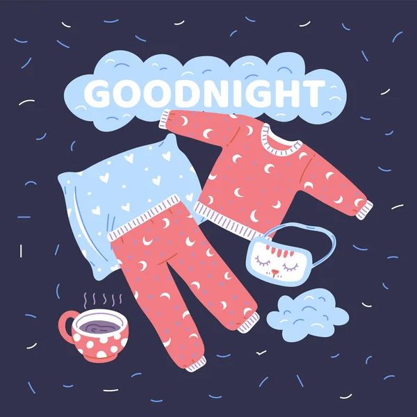 Tarjeta de buenas noches con pijama y accesorios para dormir, ilustración vectorial plana. — Archivo Imágenes Vectoriales