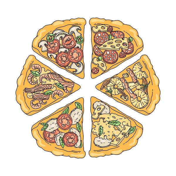 Fetta di pizza con condimenti diversi: salame piccante, hawaiano, formaggio semplice e frutti di mare. Pizza Italiana vari ingredienti — Vettoriale Stock