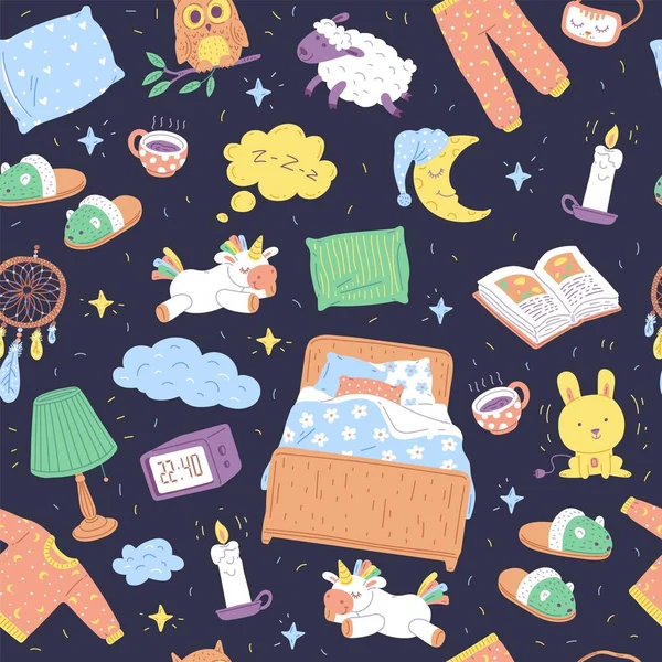 Bedtijd en dromen - schattig kinderachtig naadloos patroon, platte vector illustratie. — Stockvector