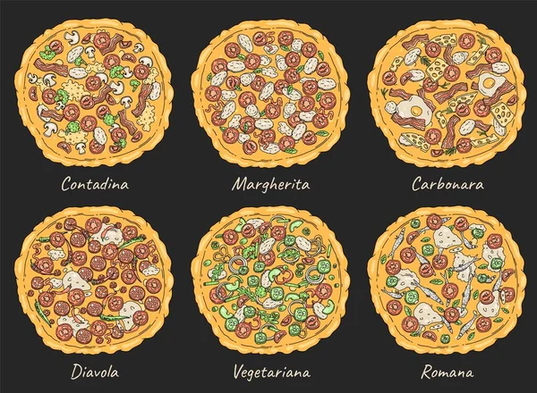 Vista superior de conjunto de diferentes pizzas italianas con salami, tomates, queso — Vector de stock