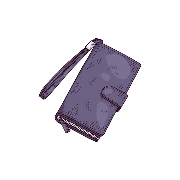 Cartera o bolso de cuero, ilustración vectorial dibujada a mano del estilo del boceto aislado. — Vector de stock