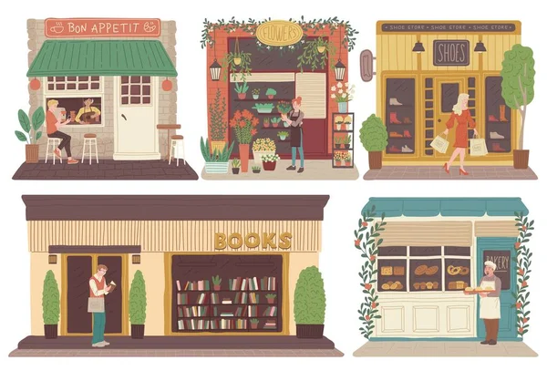 Люди на городской улице перед кафе, книжным магазином и пекарней, плоские векторные иллюстрации изолированы на белом фоне. — стоковый вектор
