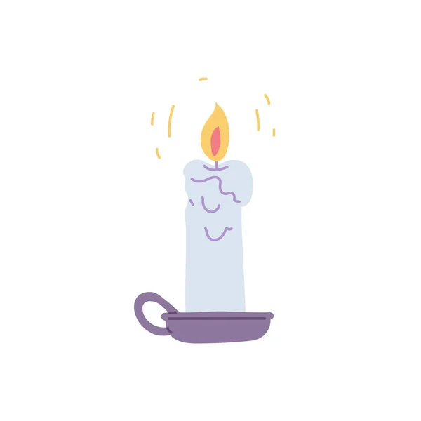 Hořící svíčka ve vinobraní svícen nebo držák, plochý vektor ilustrace izolované na bílém pozadí. — Stockový vektor