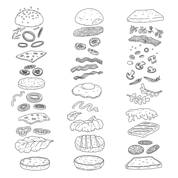 Set von Lebensmittelzutaten für Burger und Sandwich, Vektorillustration isoliert. — Stockvektor