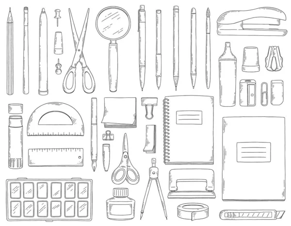 Set handgezeichnete schwarz-weiße Schreibwaren für Büro oder Schule isoliert auf weißem Hintergrund. Vektorskizze Illustration von Objekten für die Studie. — Stockvektor