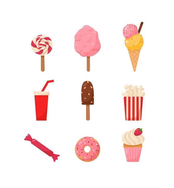 Słodkie śmieciowe jedzenie ze słodyczami, lodami, pączkami i popcornem - płaska ilustracja wektora izolowana na białym tle. — Wektor stockowy