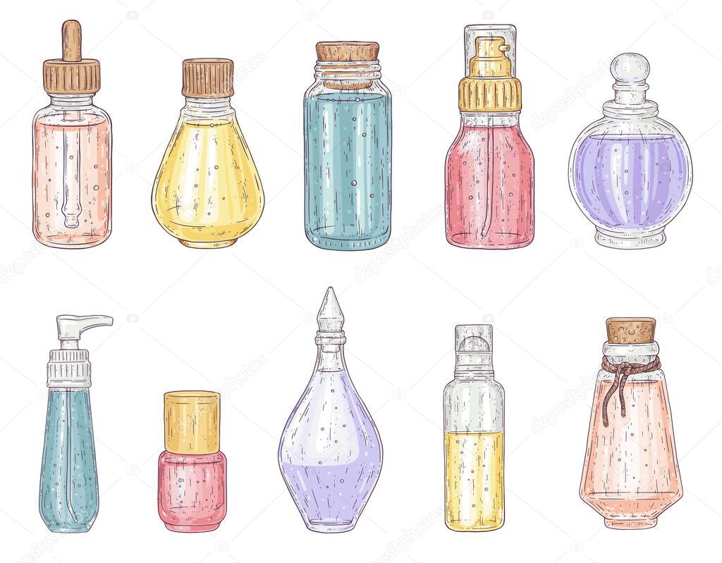 Set of different glass bottles with colored essential oils in sketch vector