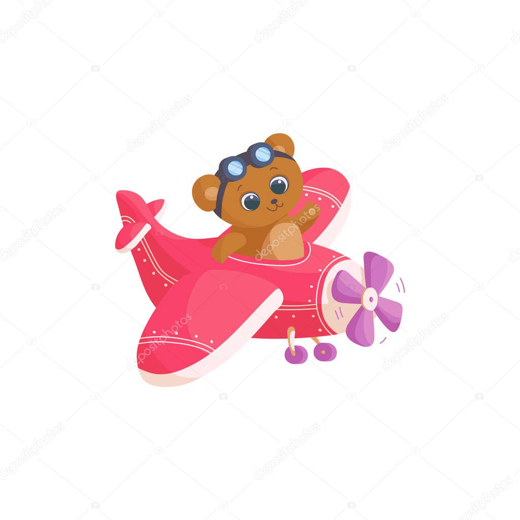 Cute teddy bear travel on plane, cartoon pilot animal is flying on red airplane.