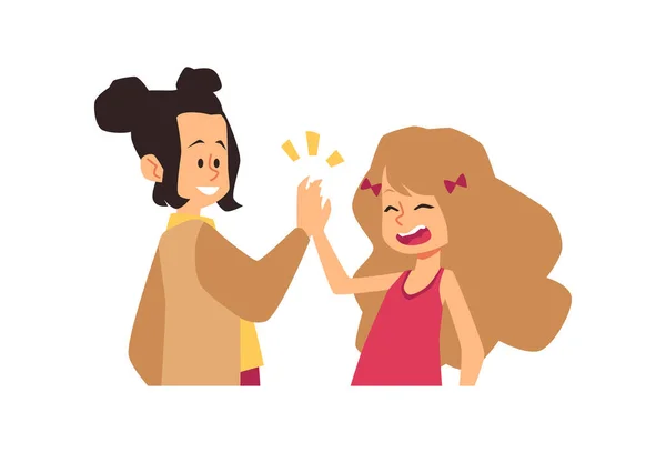 Two girls give each other high five, cartoon vector illustration. Kid greet her friend and clap hands, isolated. — Stock Vector