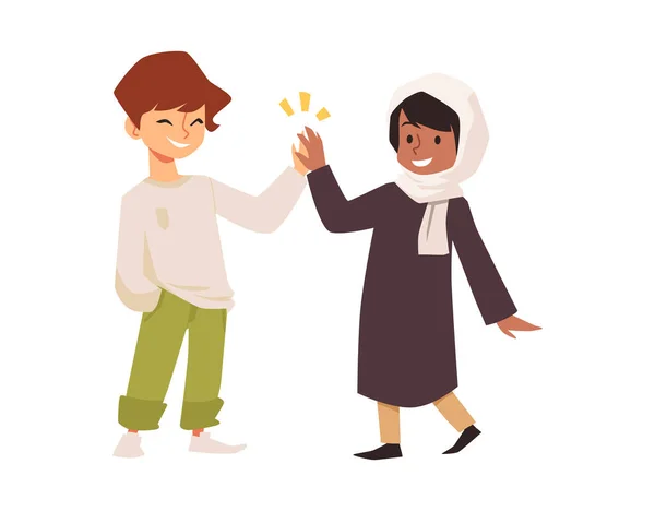 Muslim girl in hijab gives high five to smiling white boy, cartoon vector. Two kids of different heritage are friends. — Stock Vector