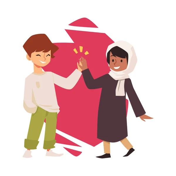 Blanke jongen geeft high five aan moslim meisje dragen hijab, cartoon vector illustratie. Kinderen van verschillende nationaliteiten. — Stockvector
