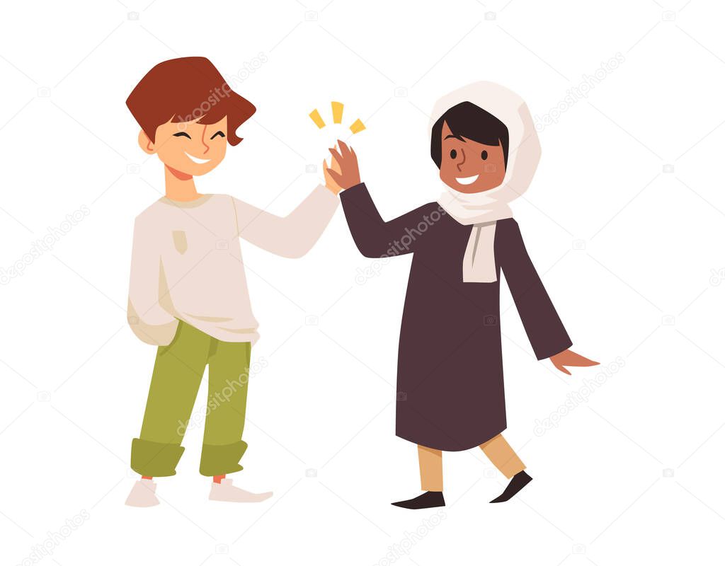 Muslim girl in hijab gives high five to smiling white boy, cartoon vector. Two kids of different heritage are friends.