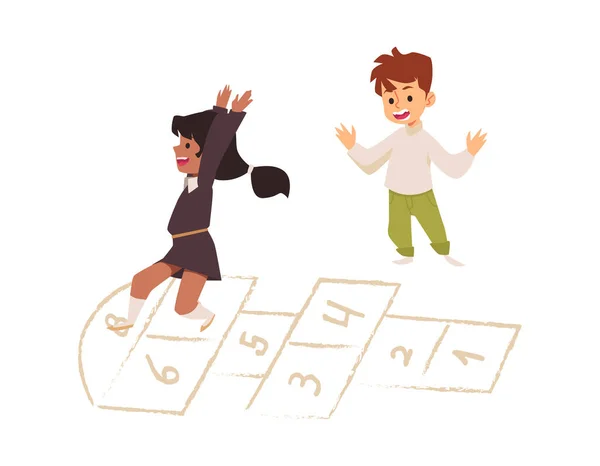 Hopscotch juego infantil, ilustración vectorial de dibujos animados. Chica salto mientras juega salto escocés juego de patio, aislado. — Vector de stock