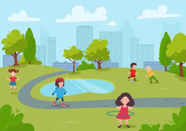 Sfondo del parco della città con i bambini che fanno sport, illustrazione piatta del vettore del fumetto. — Vettoriale Stock