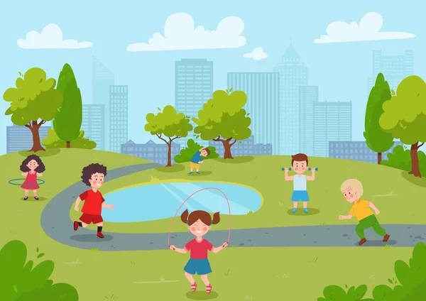 Crianças fazendo treino esportivo no parque da cidade, desenho animado ilustração vetorial plana. — Vetor de Stock